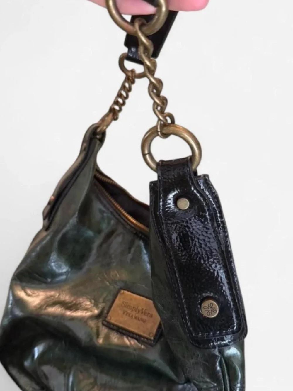 Simply Vera Vera Wang Metallic Olive Green Hobo with Chain-Trim Strap